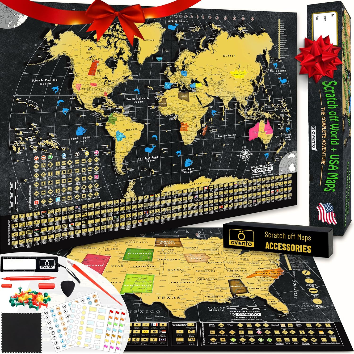 Scratch Off World Map + USA Map – 17x24” Wall Travel Posters with 196 Flags, Gol