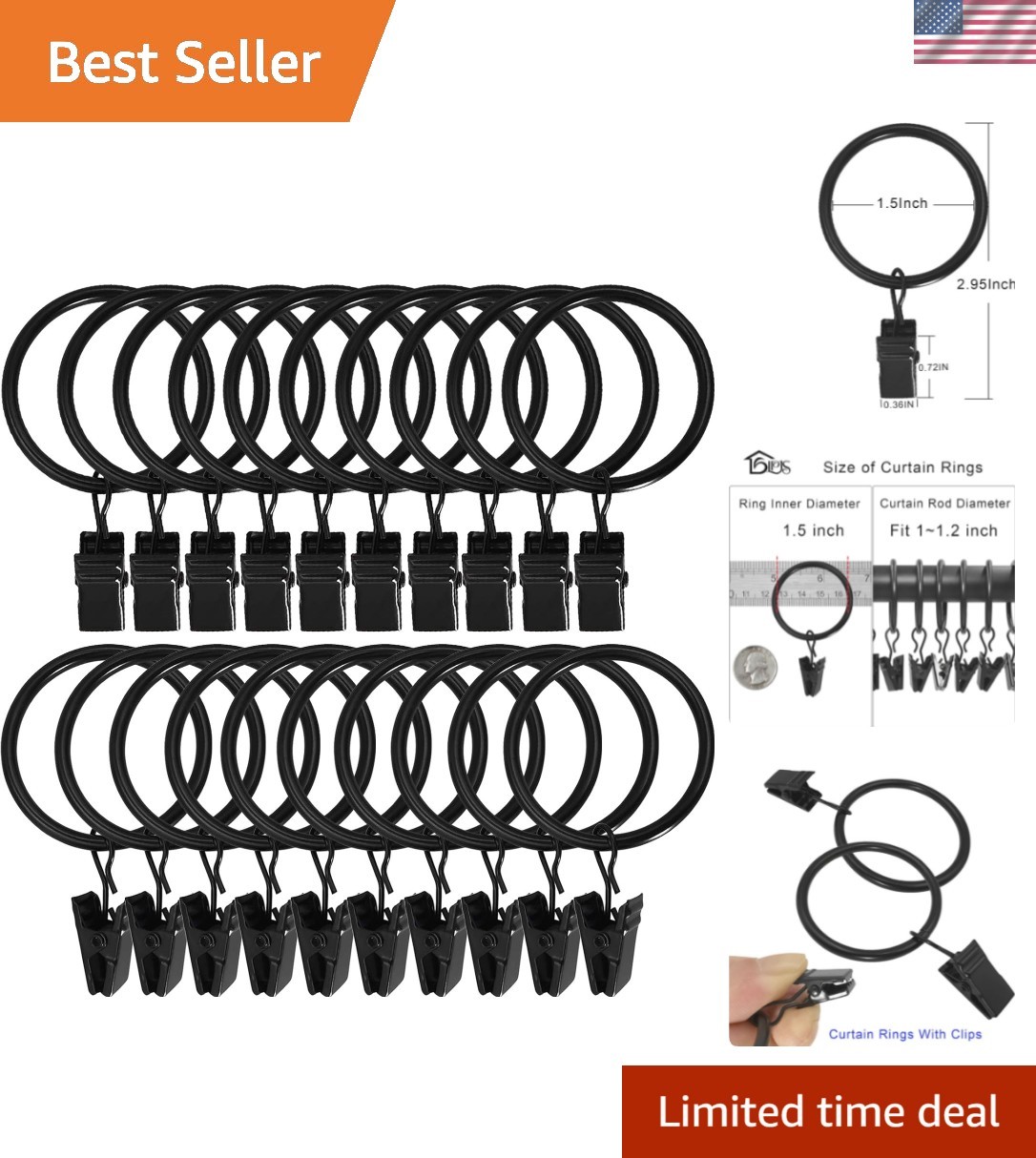 20 Pack Metal Curtain Rings with Clips, Curtain Clip Rings Hooks for Hanging ...