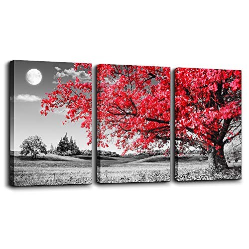 Wall Decor - Large Size 20x28inches*3pcs Black And White Red Moon Tree Scenery