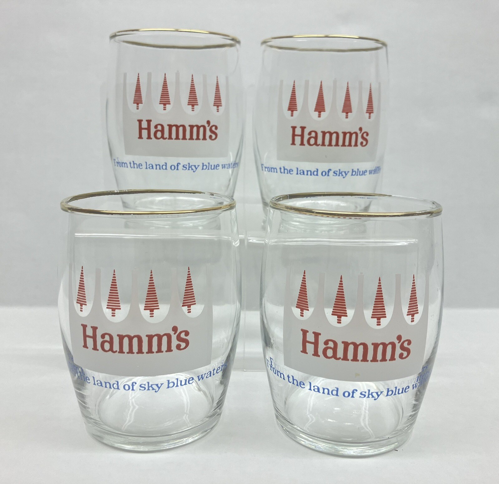 Hamms Beer Barrel Tumblers Glasses Red Trees From The Land of Sky Blue Waters 4