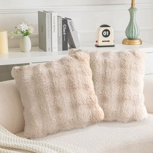 Soft Faux Fur Spring Throw Pillow Covers 18x18 Set 18" x 18" (Pack of 2) Khaki