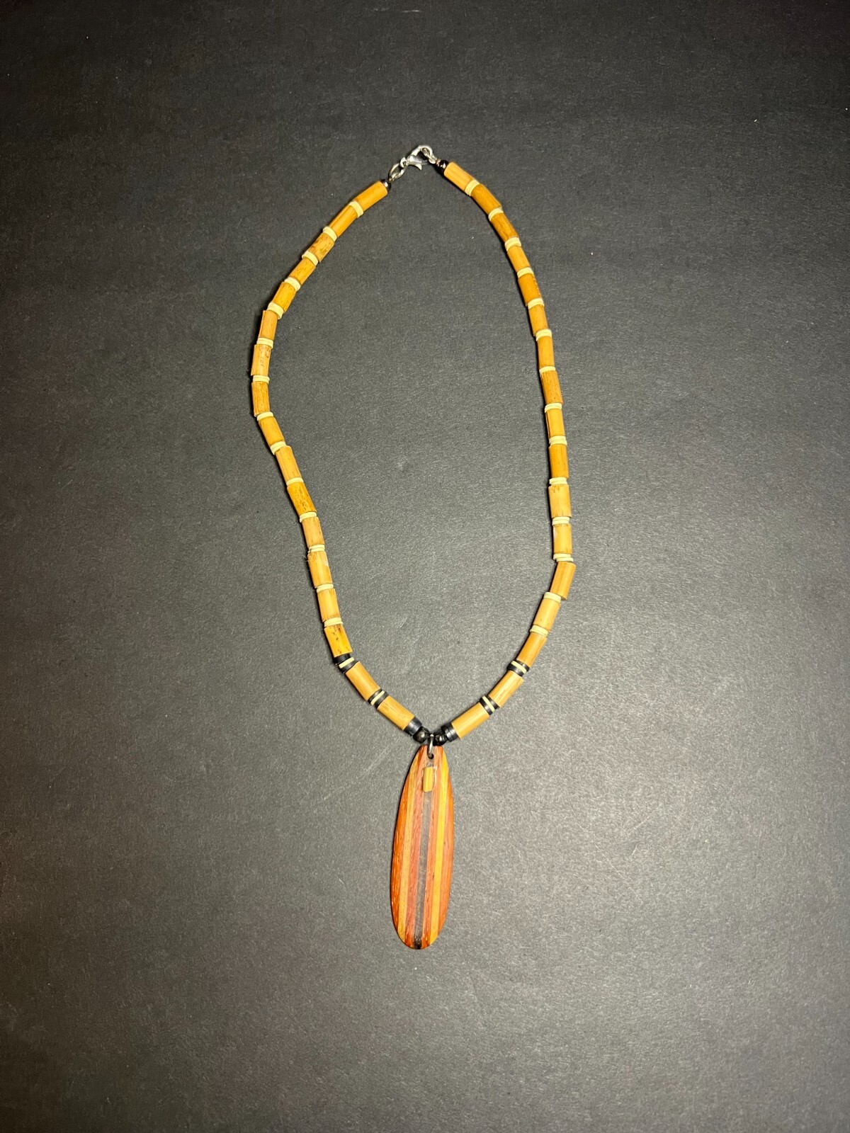 Hand Crafted Wooden Bead Surfers Necklace w/ Wood Surfboard Pendant 17.5"