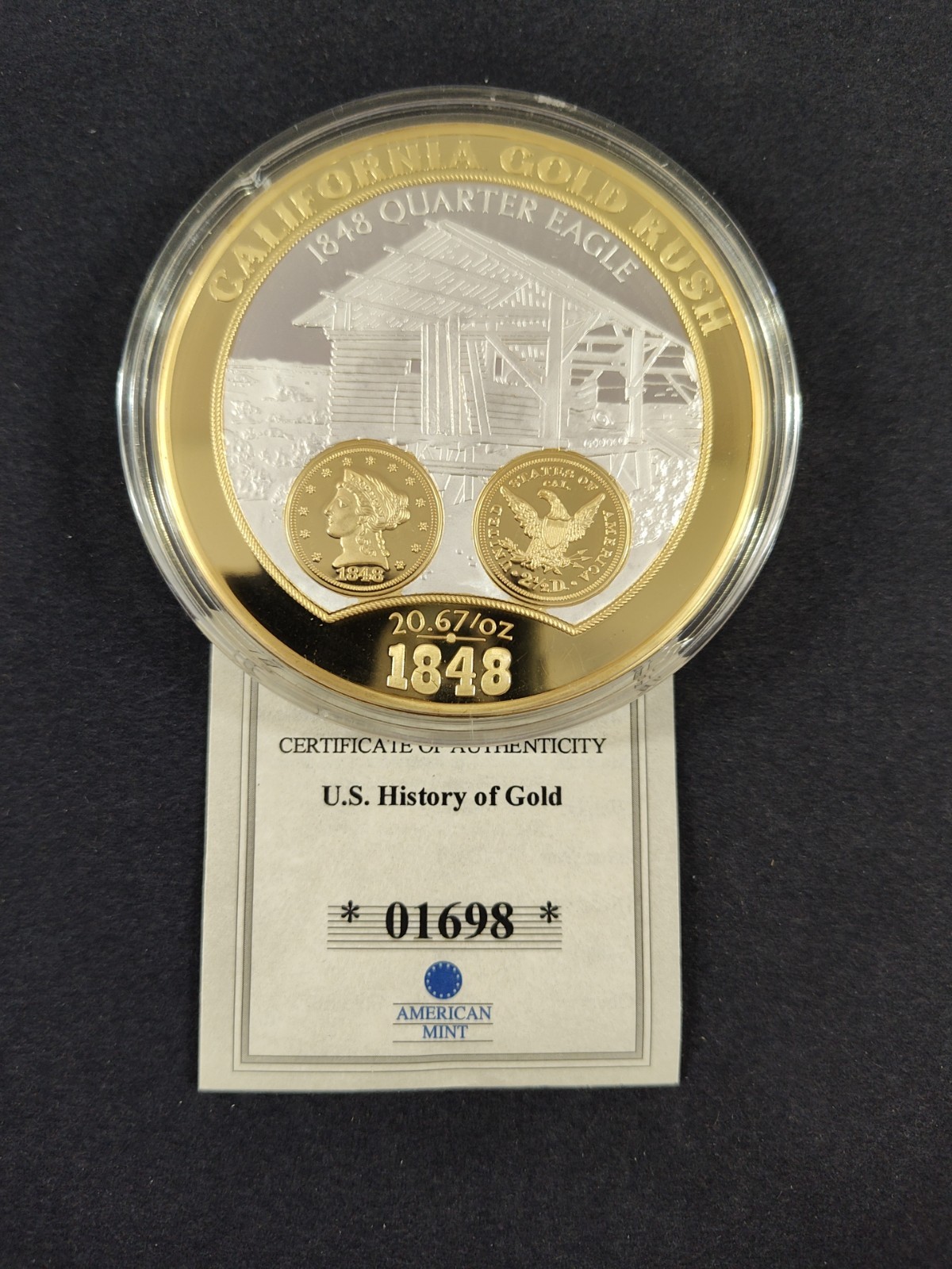 American Mint California Gold Rush 1848 Medal 70mm 24K Gold Layered COA