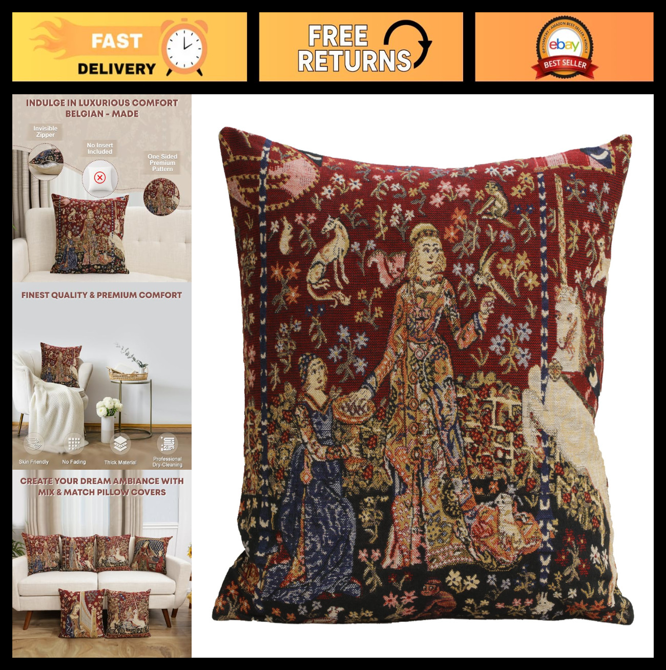 Medieval Unicorn Decorative Pillow Cover 16x16" - Soft Cotton Tapestry Cushion C