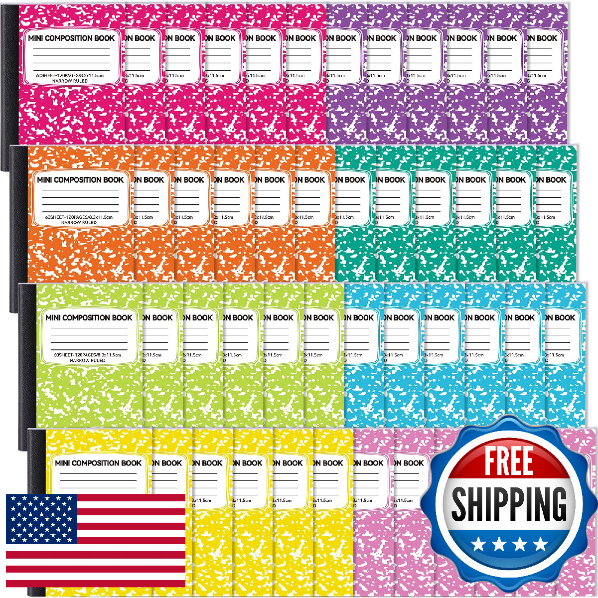 UZLU 48 Mini Composition Notebooks Bulk, 4.5x3.25", Narrow Ruled, 60pg/120p