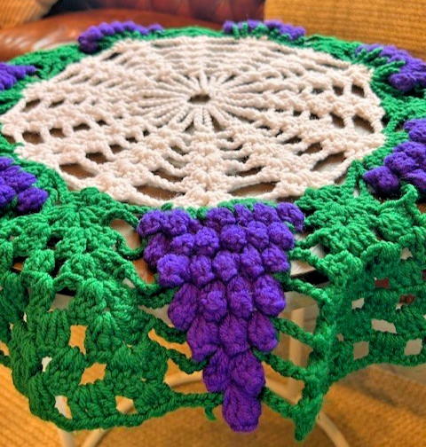 Handmade 24" Crocheted Purple Grapes Green Leaves Doily Table Topper Cottagecore