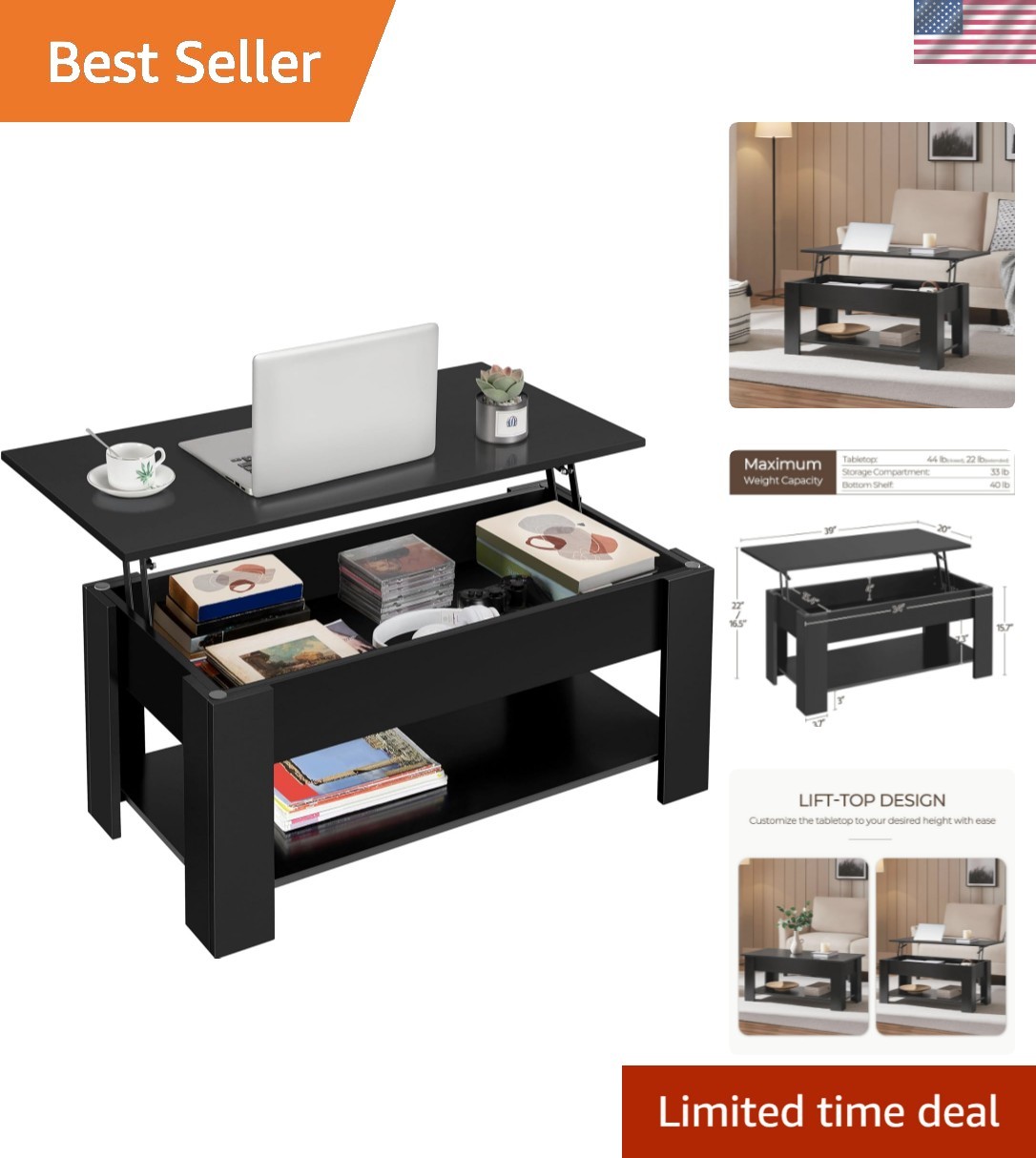 Wooden Coffee Table, Lift Top Coffee Table with Large Hidden Storage Shelf, L...