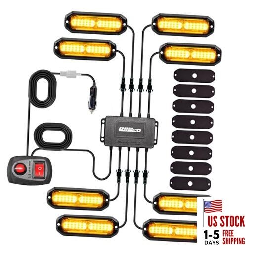  8PCS LED Strobe Lights Kit 12V 24V Sync Feature 12 LED Emergency Hazard Amber