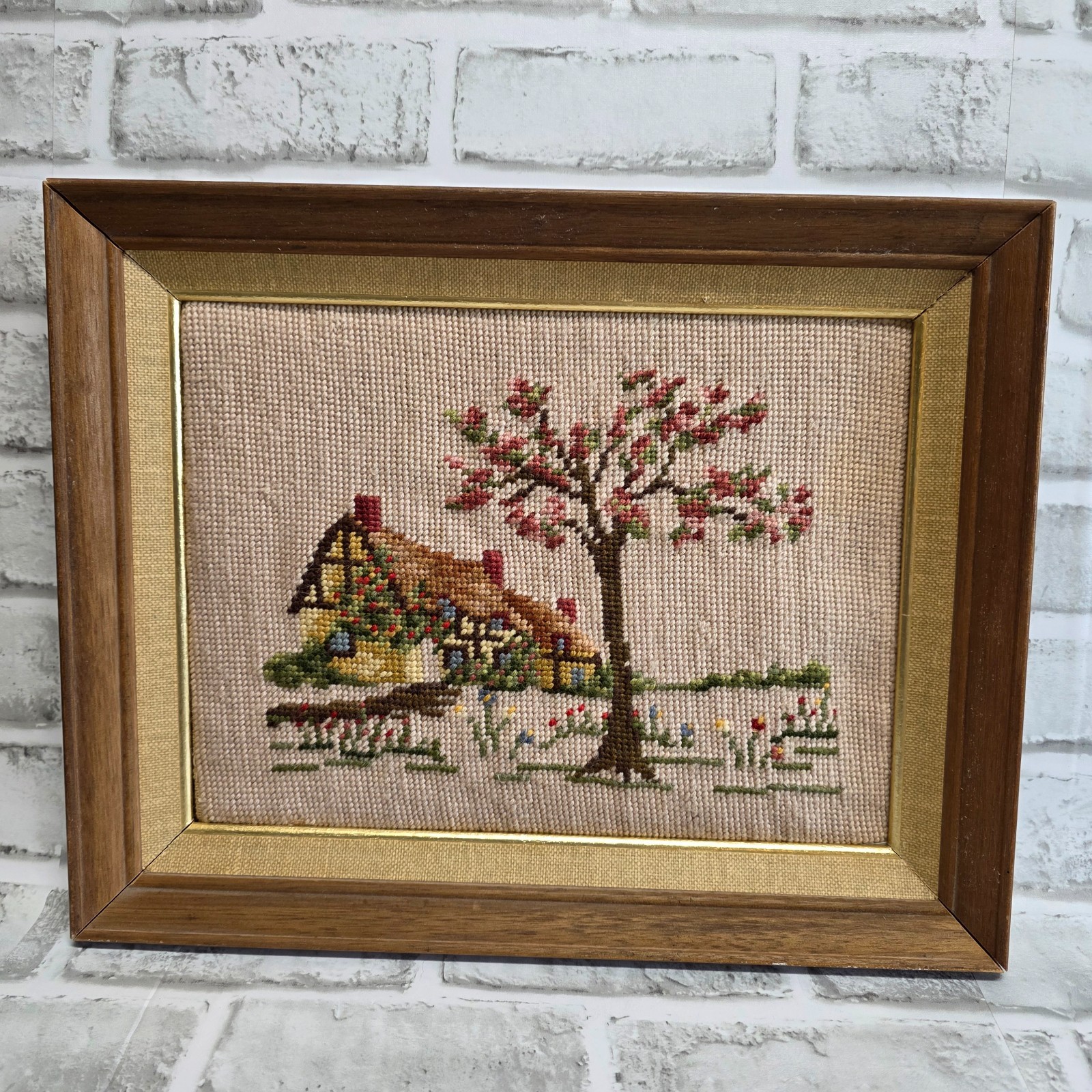 Needlepoint Vintage Country Cottage House Landscape Framed 12"x15"