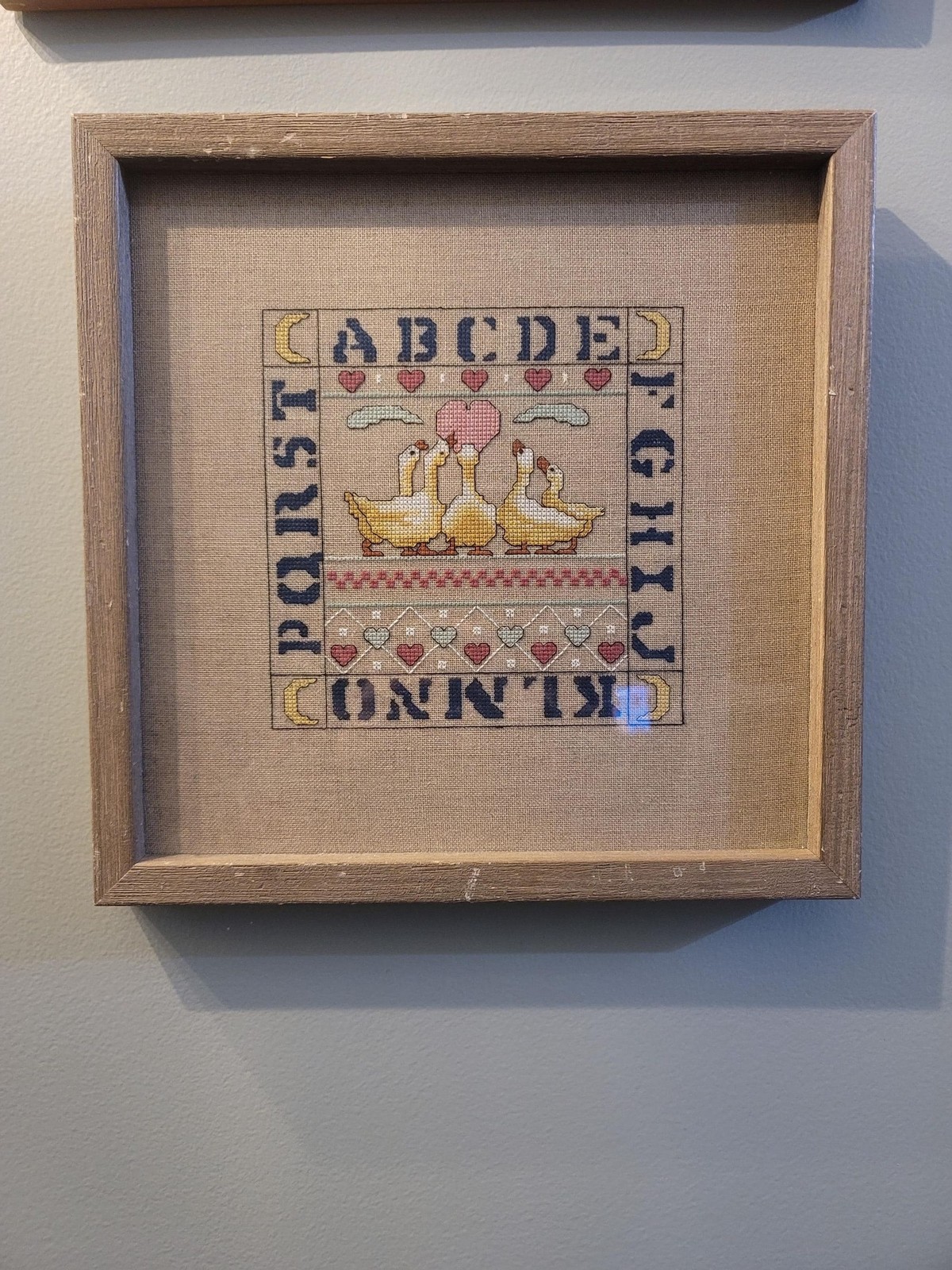 Framed Crosstitch Alphabet With Hearts And Ducks