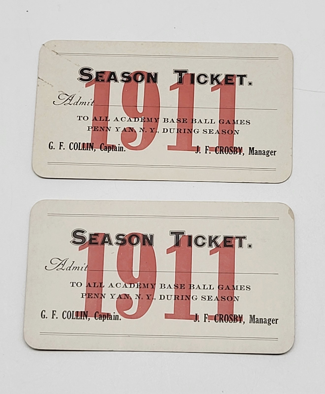 2 x 1911 Penn Yan Academy School, New York,  Baseball Season tickets