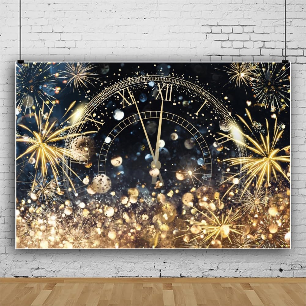10x8ft Vinyl Happy New Year Backdrop Clock Golden Fireworks Glitter Dots Pro Fix