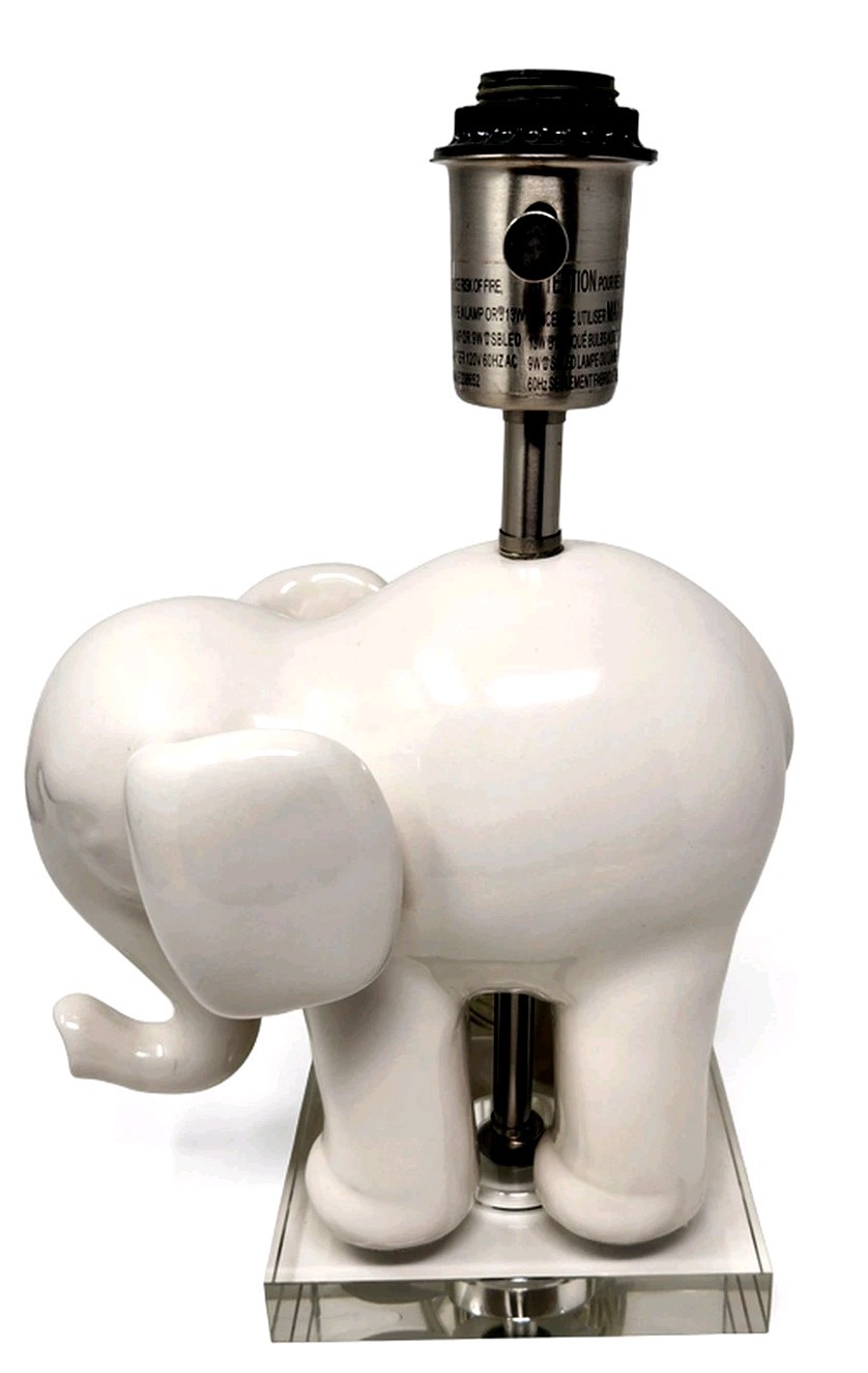 Pottery Barn White Ceramic Elephant Lamp Clear Lucite Base Room Decor