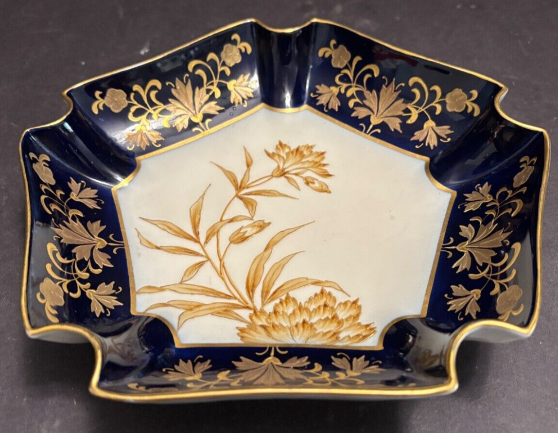 CARLSBAD Cobalt & Raised Gold Decorated 5-Sided Vintage Dish Chrysanthemums