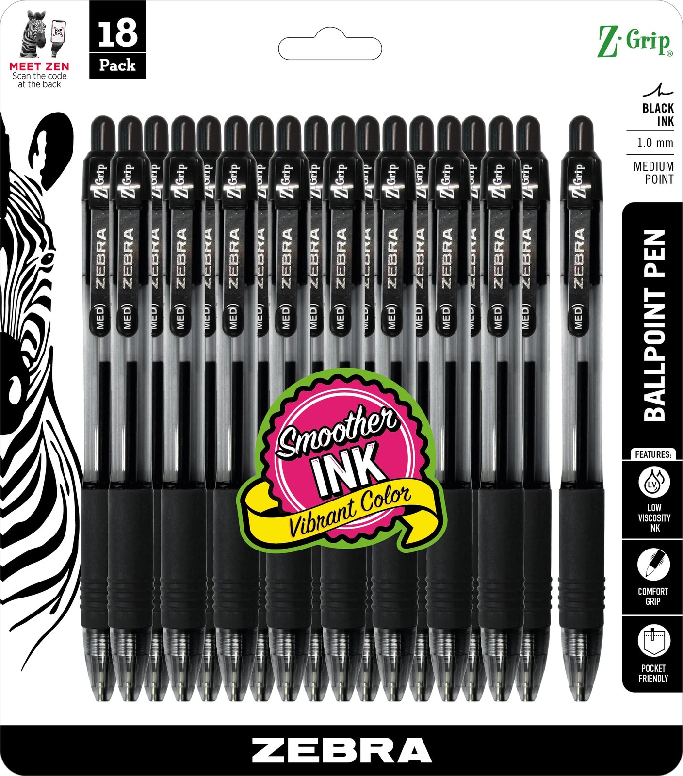 Z-Grip Retractable Ballpoint Pen, Medium Point, 1.0mm, Black Ink, 18-pack Black 