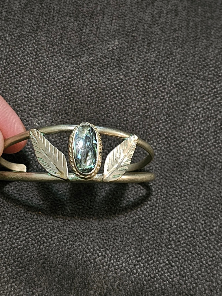 Sterling silver and abalone STONE? made in Mexico cuff bracelet.