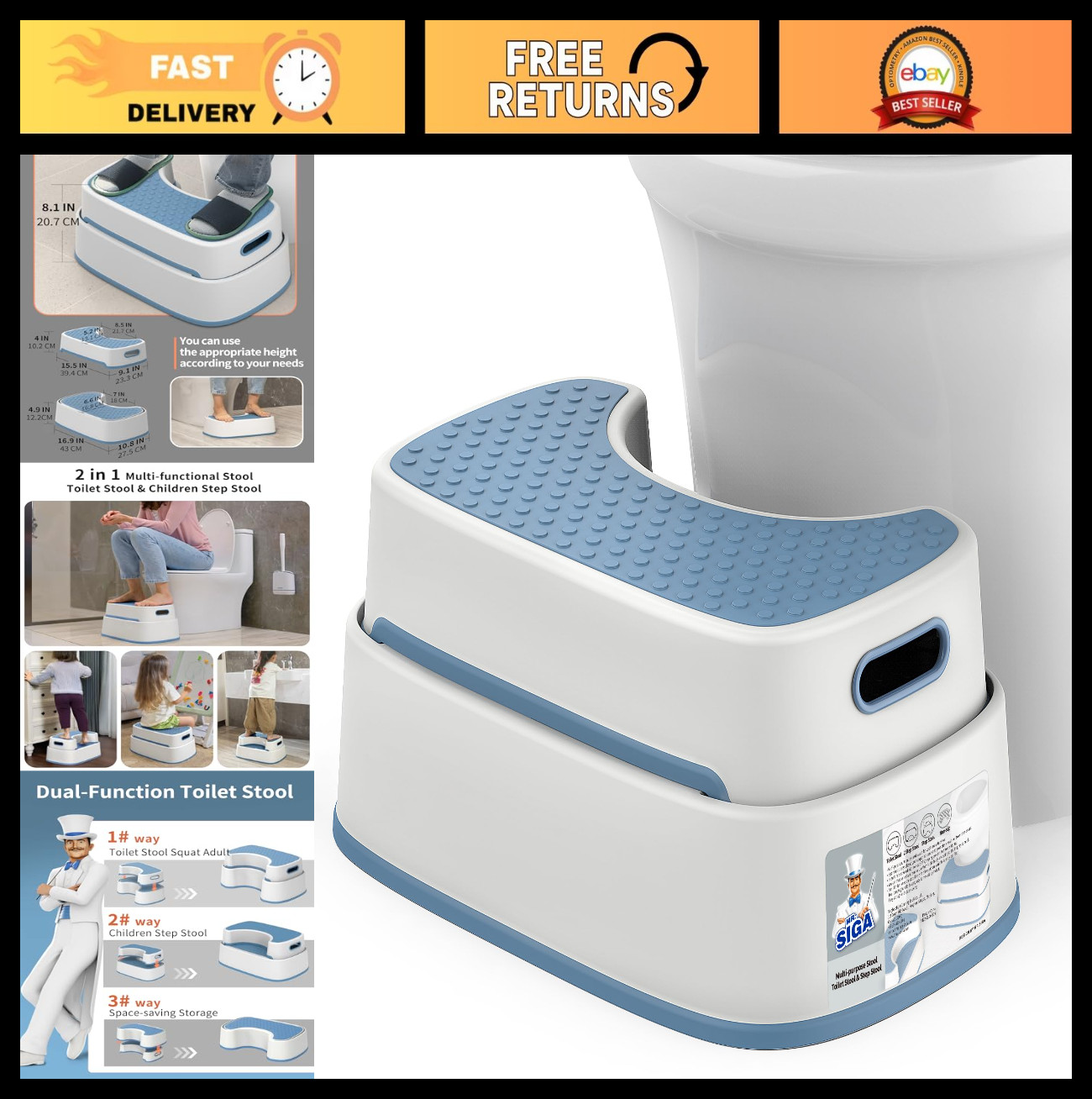 Toilet Stool Squatty Step for Adults & Kids - Heavy Duty, Anti-Slip Bathroom Sto