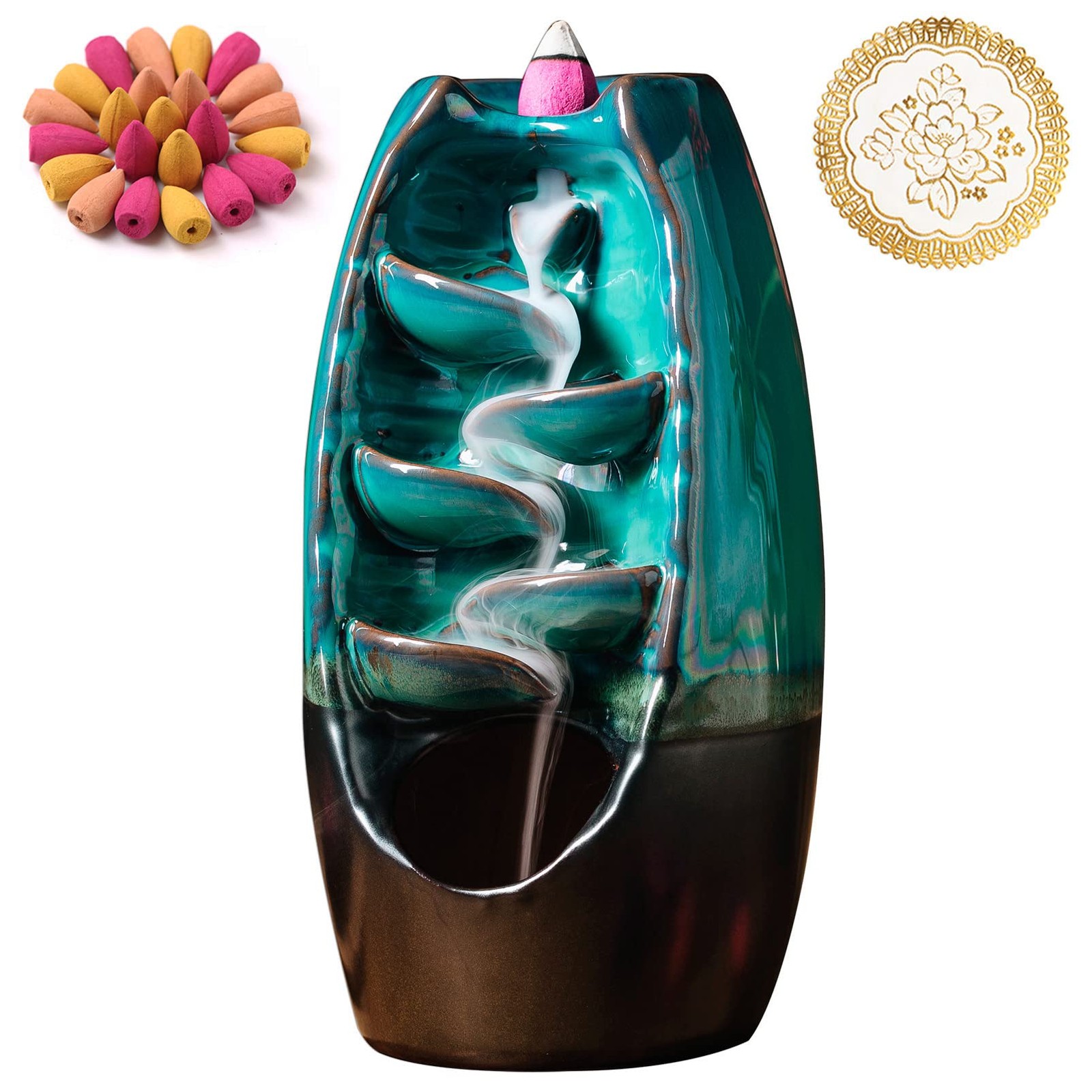 Ceramic Incense Burner with 100 Upgraded Cones, Waterfall Backflow Incense Ho...