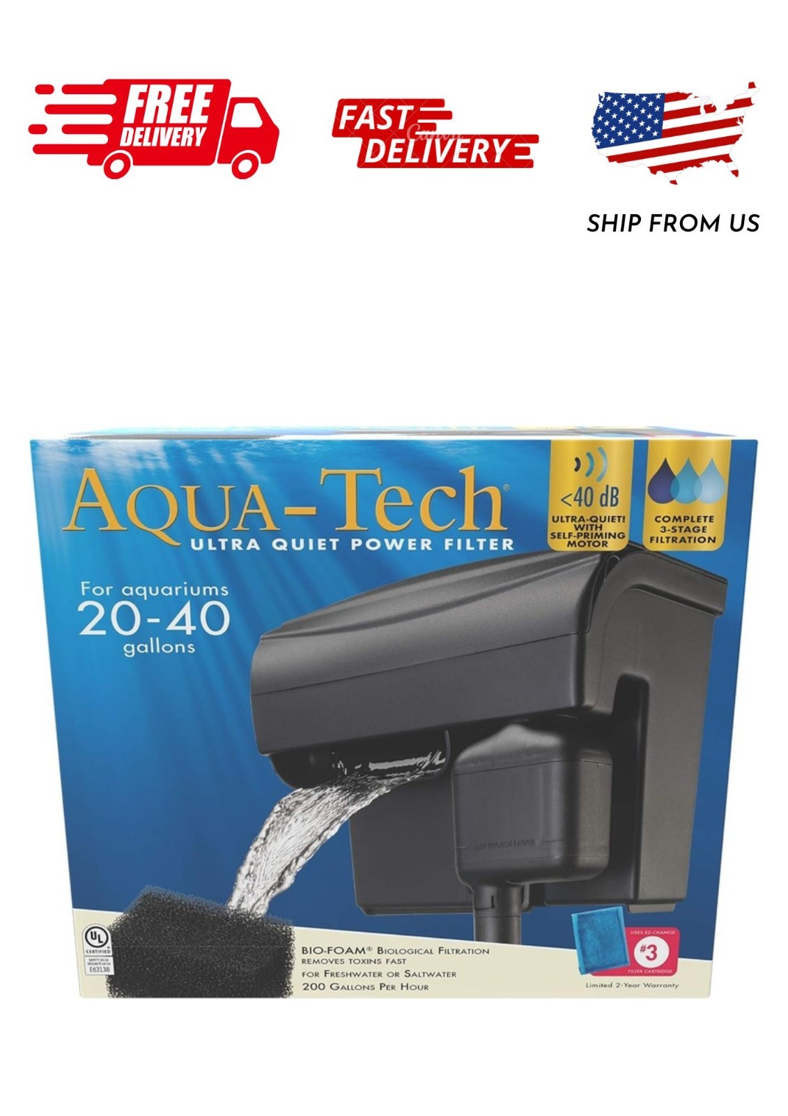 Aqua-Tech Ultra Quiet Power Filter, For Aquariums 20-40 Gallons