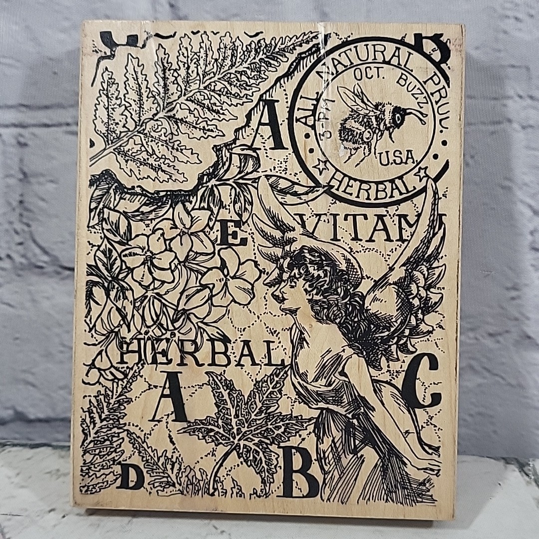 Rubbernecker Large Rubber Stamp Botanical Apothecary Style Collage 4.5 X 6" Wood