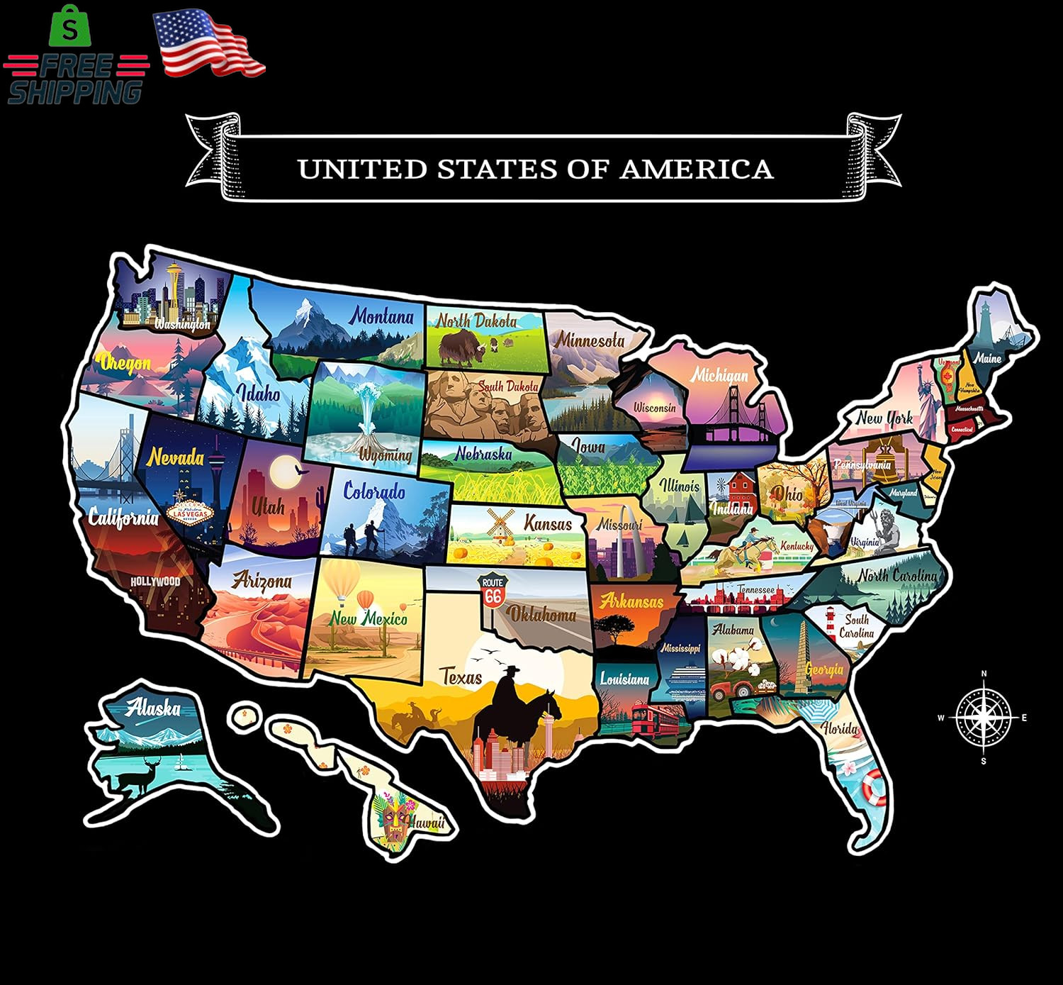 Large 23X16 Scratch-Off USA Map - Hand-Drawn Travel Design with Accessories, Lam