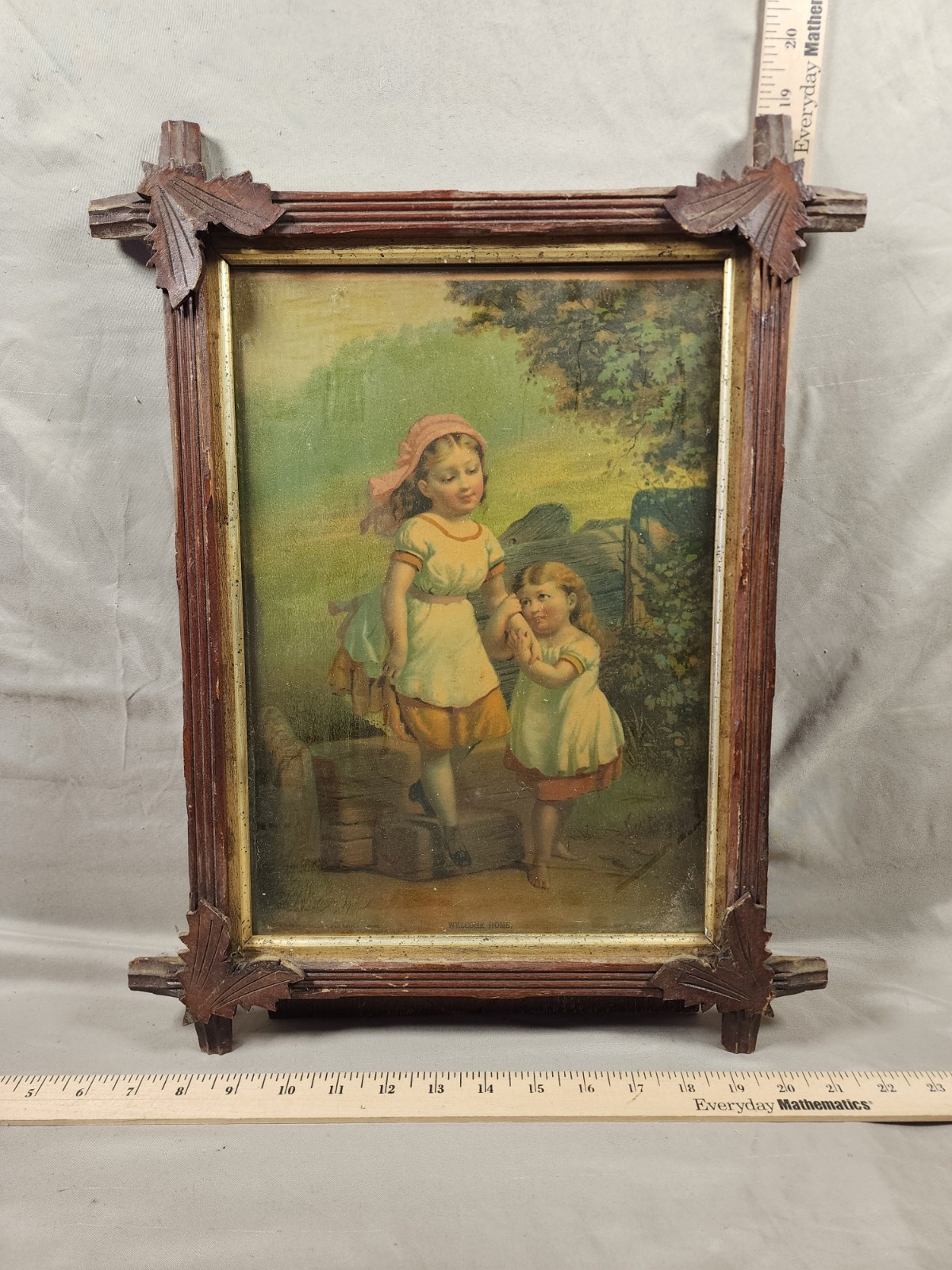 Antique Art Print Country Farm Children Girls Framed
