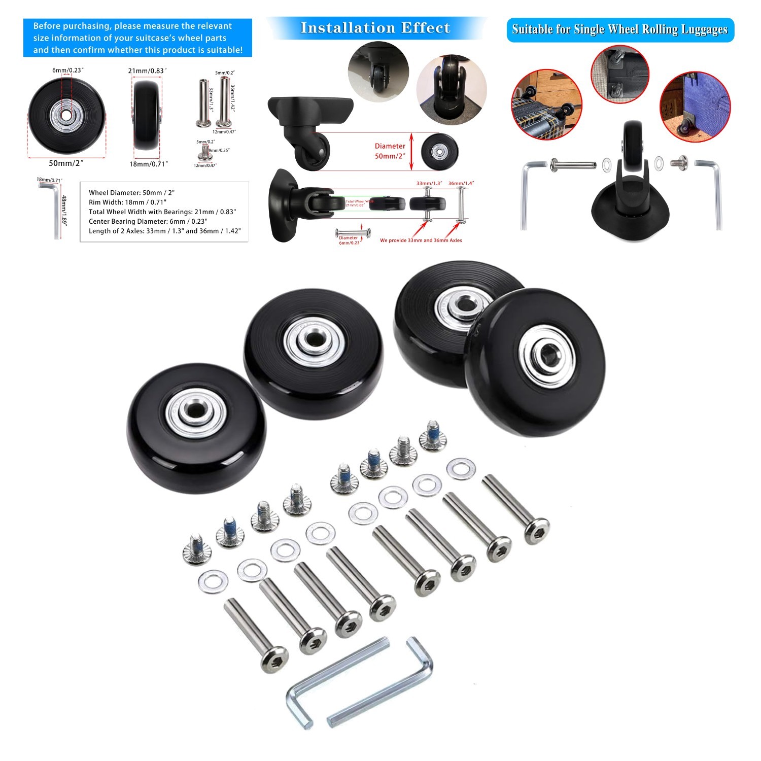 Black Luggage Wheels 50mm x 18mm Set of 4 - Includes Installation Tools