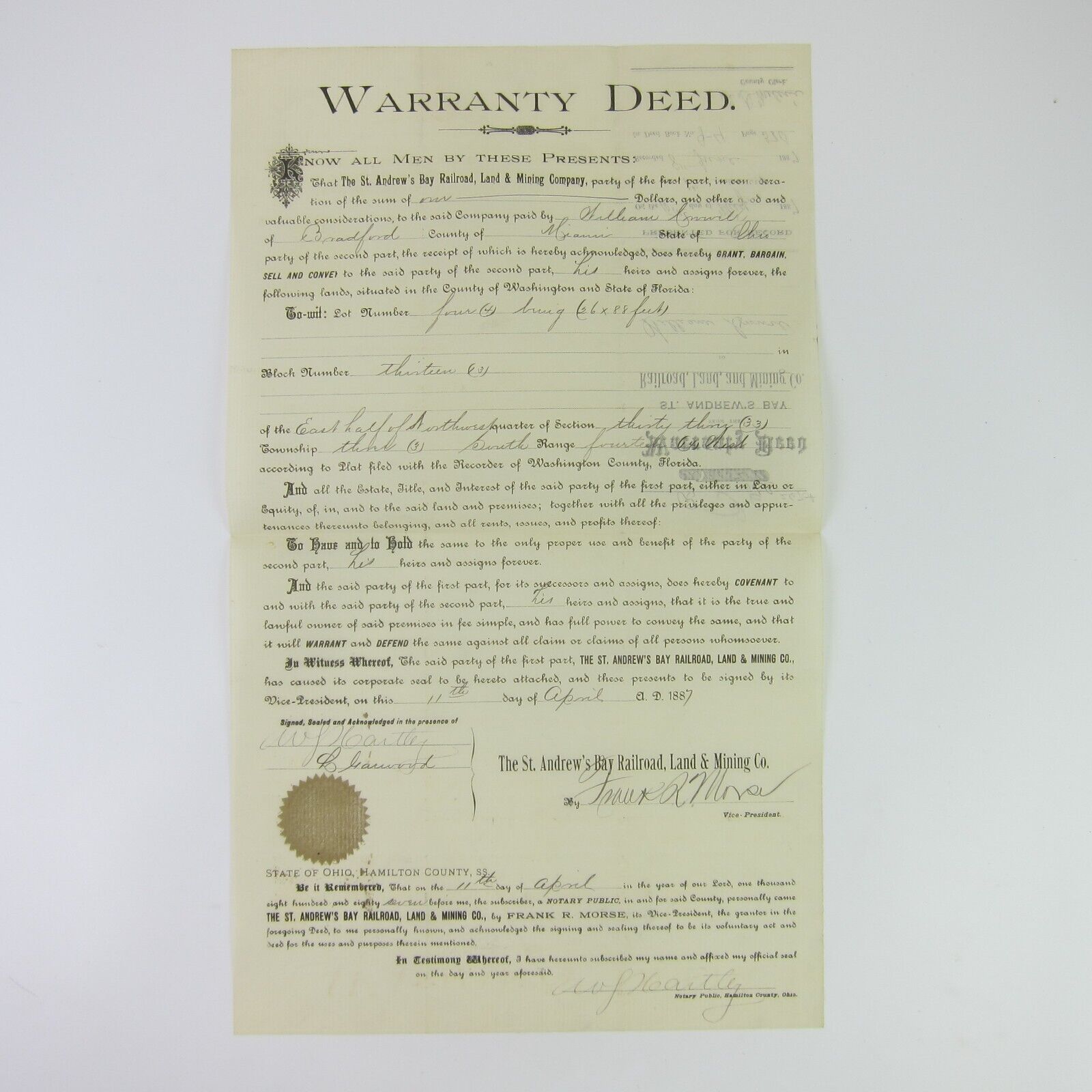 1887 St. Andrew’s Bay Railroad Land & Mining Co Florida Land Warranty Deed Fraud