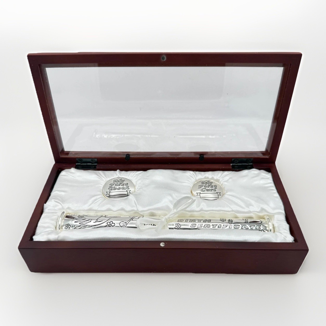 Silver Plated Keepsake Baby Gift Set Birth Certificate. First Tooth, Curl Box