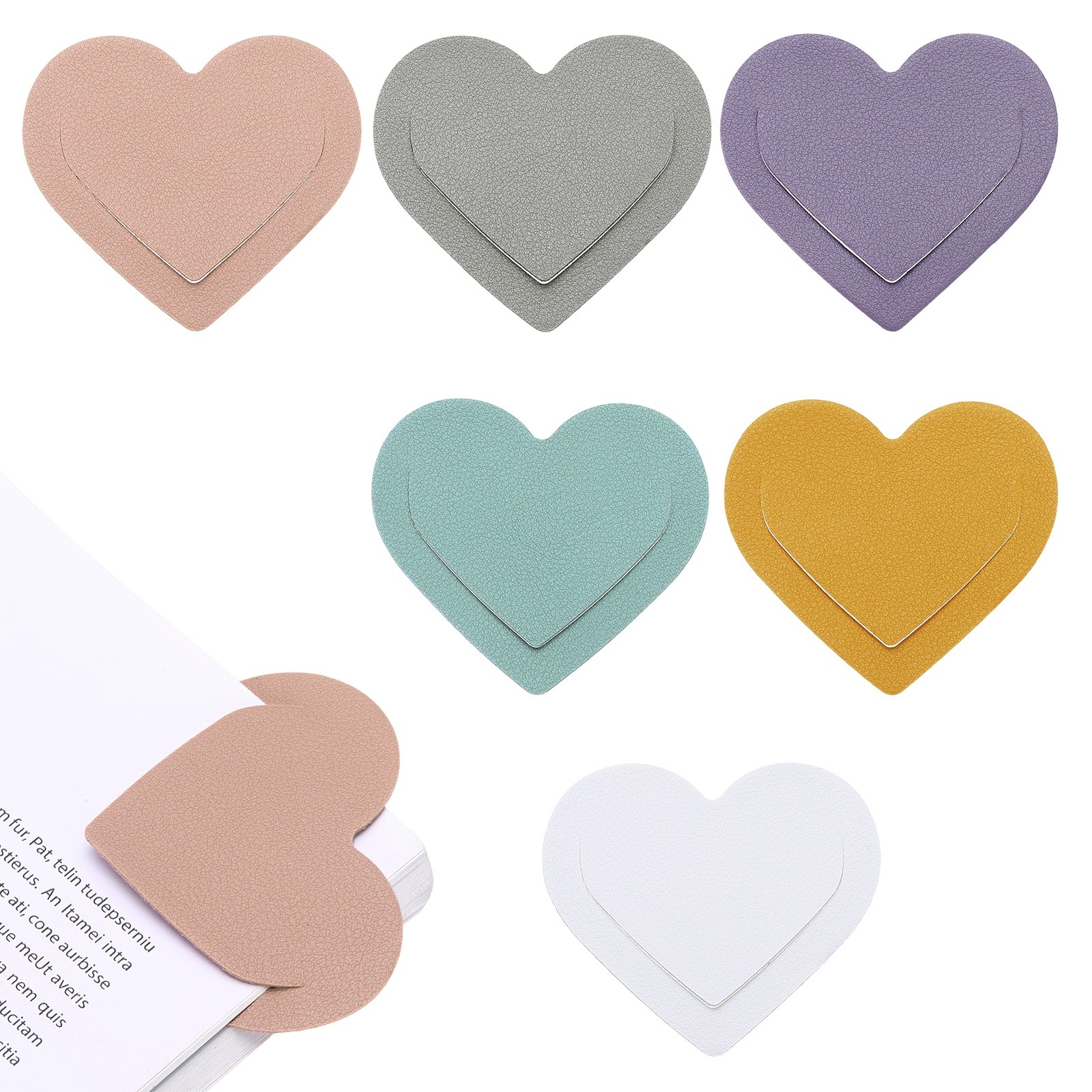 6Pcs Leather Heart Bookmarks for Reader, Pink and Other 5 Colors