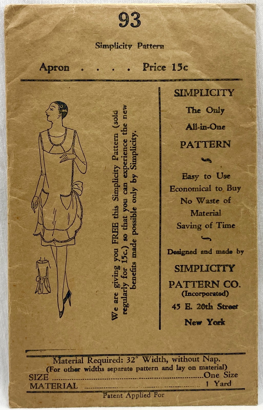 1920s Simplicity Sewing Pattern 93 Womens Apron One Size (Medium) Antique 17699