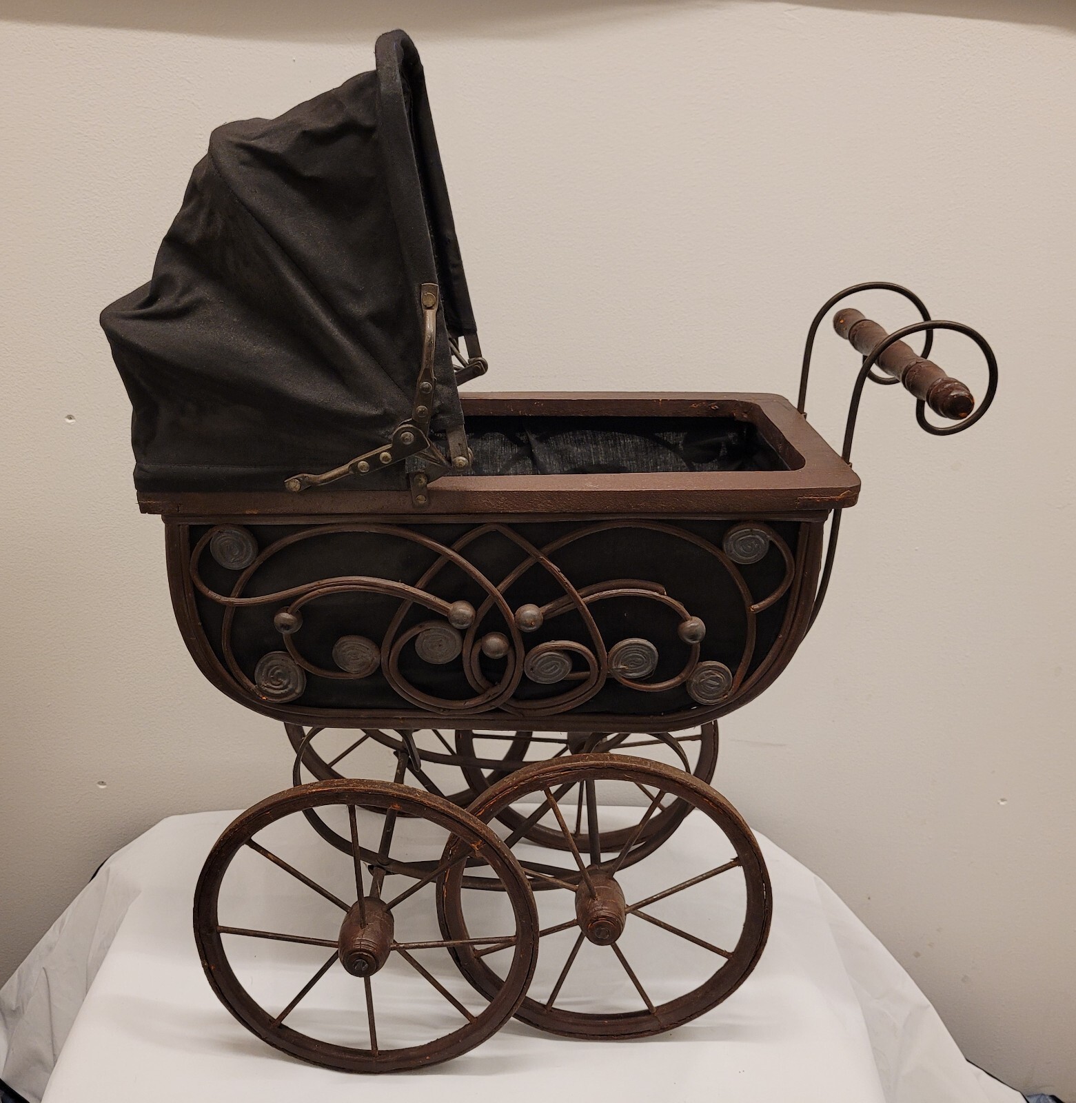 Vtg Handmade Doll Wicker Wood Iron Buggy Stroller Carriage
