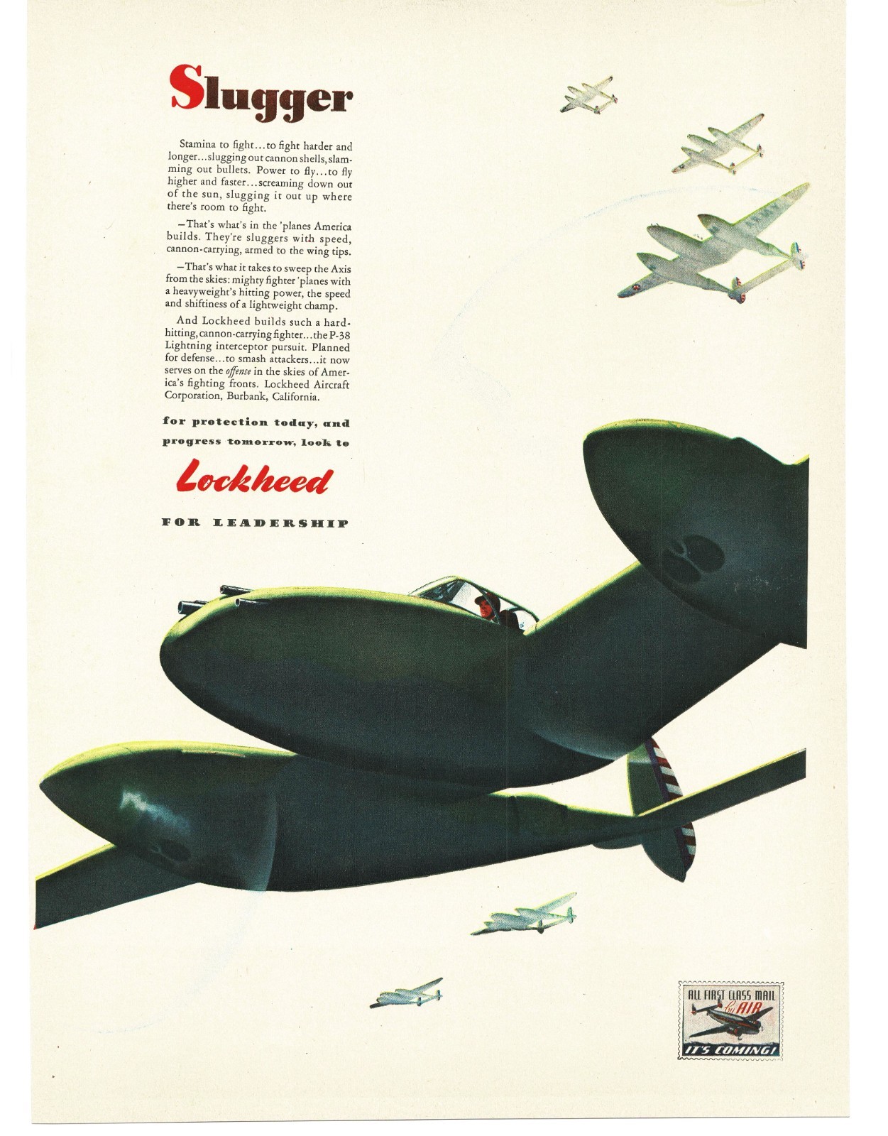 1942 Lockheed P-38 Lightning WW2 Vintage Print Ad Slugger Cannon Fighter