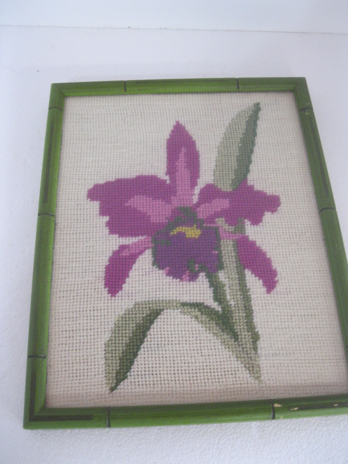 1980s Embroidery Needlepoint Picture Framed, Purple Iris Flower Vintage 9"x10.5"