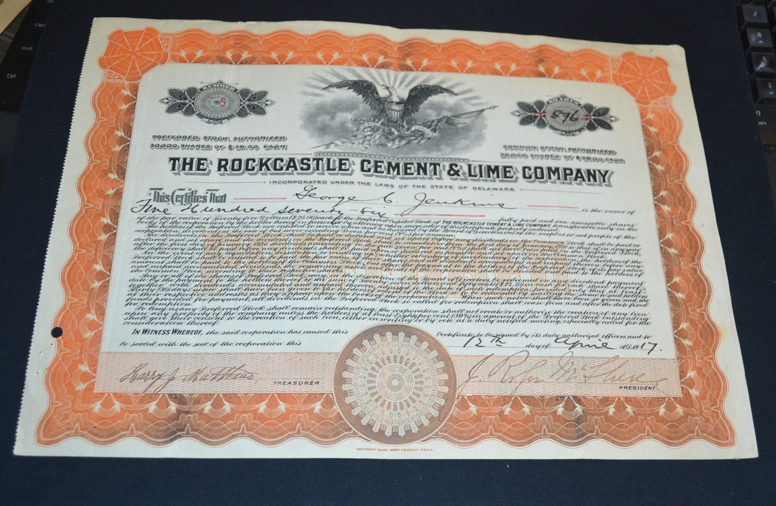 The Rockcastle Cement & Lime Company 1917 stock certificate