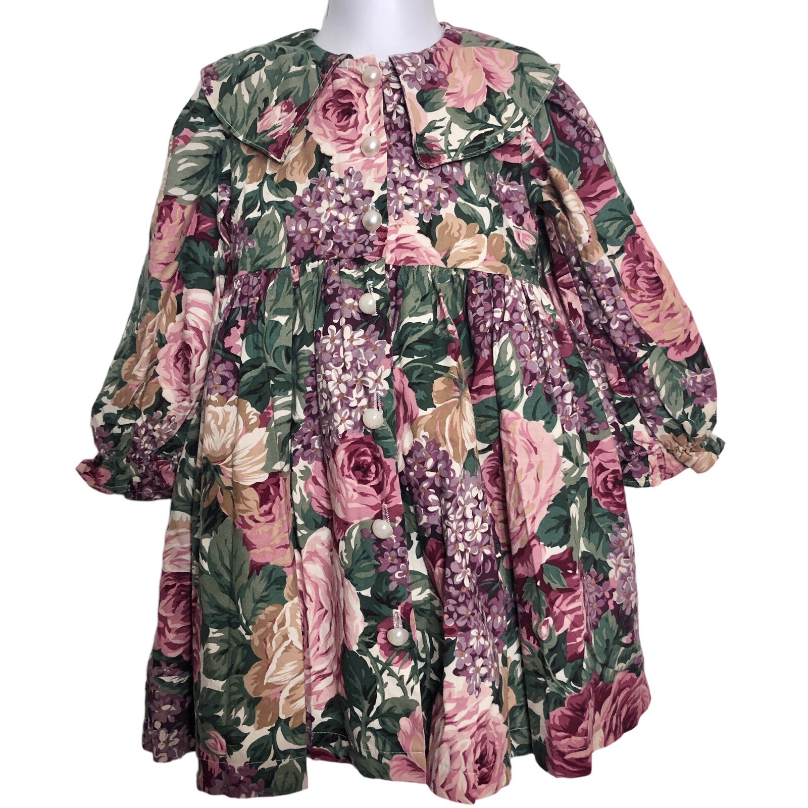 Cotton Kids Little Girls Dress 5 Matching Hat Cottage Floral Pearl Button Front