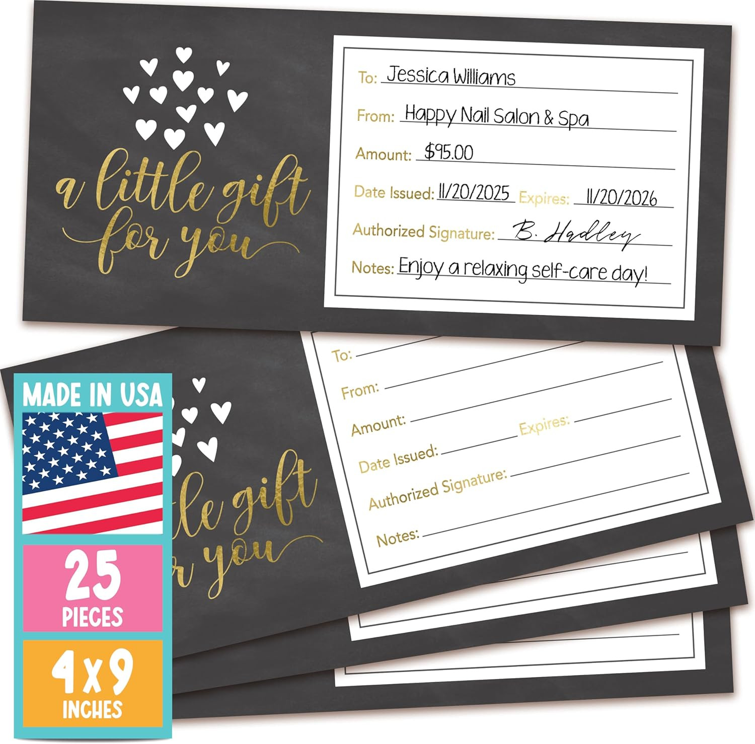 25 Blank Gift Certificates for Business – 4X9 Christmas Gift Certificates Cards 