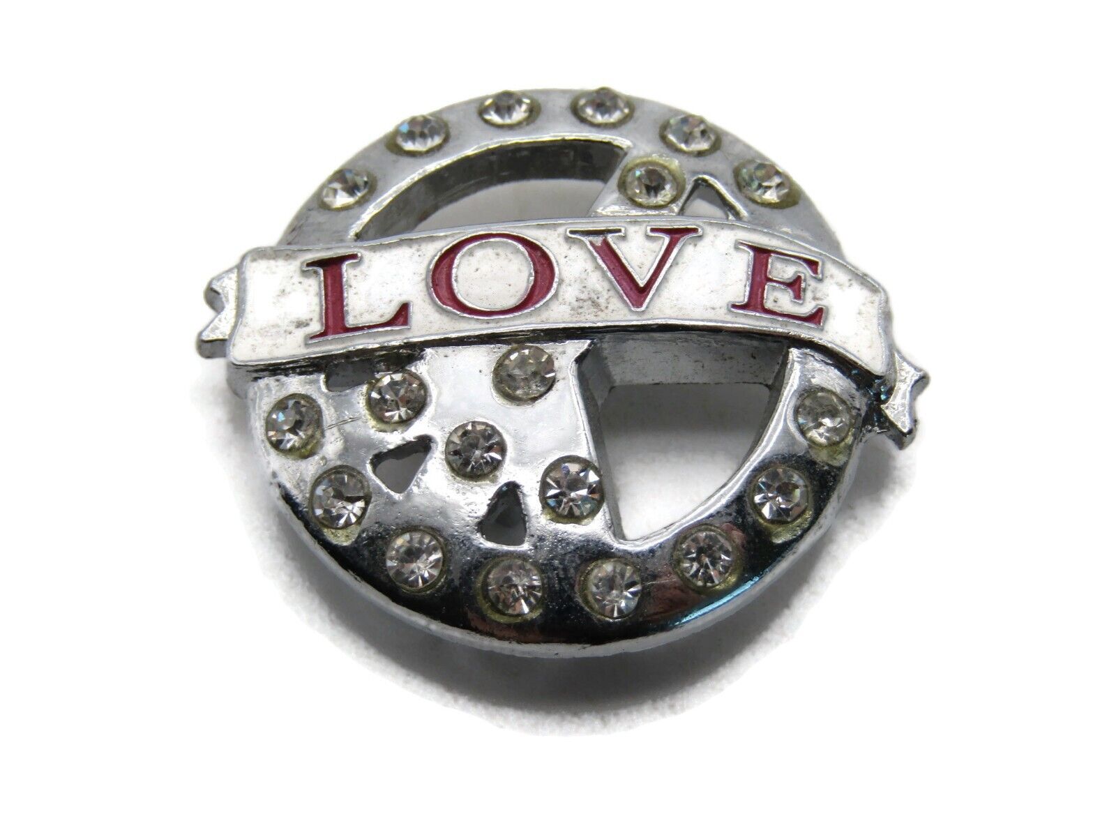 Love Peace Sign Charm Rhinestone Inlay Silver Tone