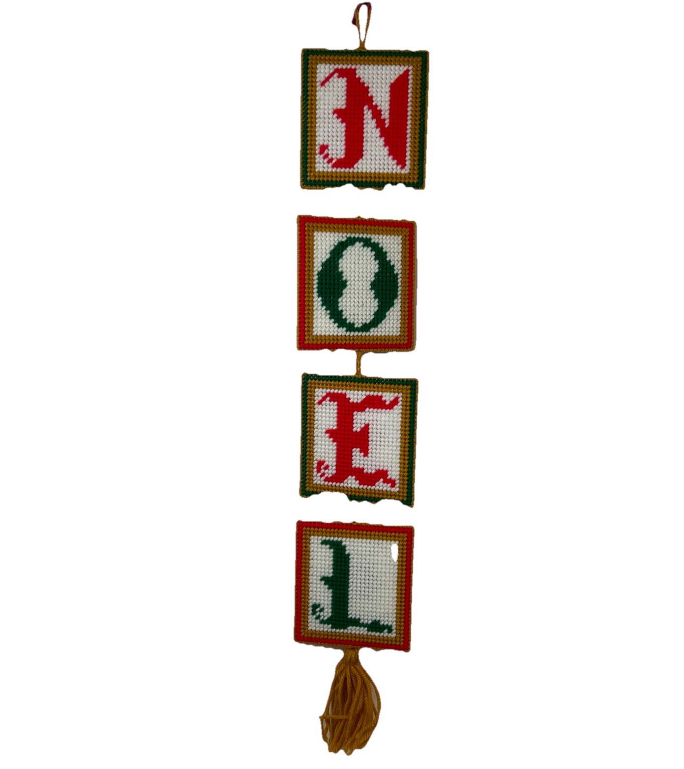 Vintage Mid Century Christmas Plastic Canvas Yarn Art "Noel" Wall Hanging 