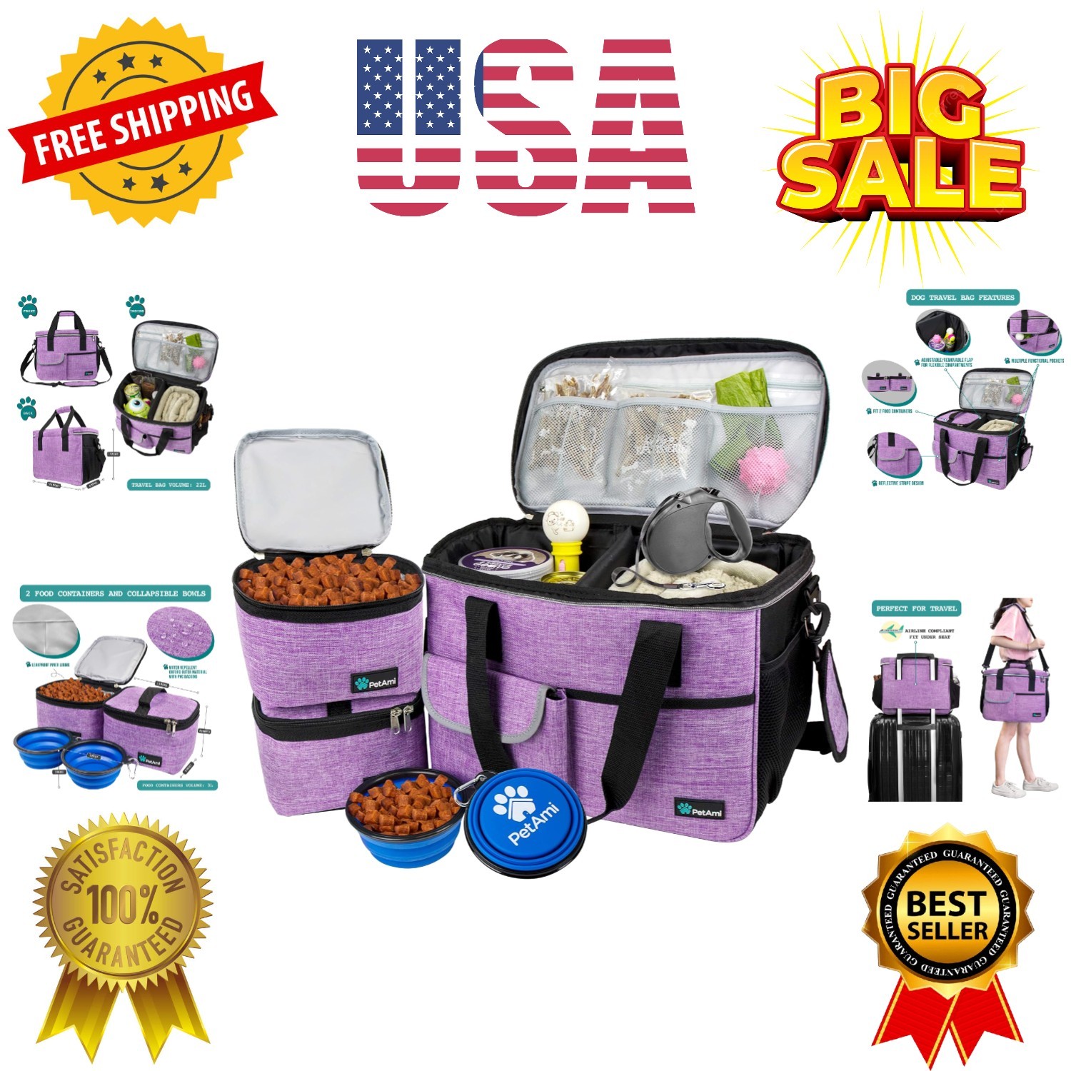 Dog Travel Bag - Travel Pet Organizer with Food Container and Bowls, Perfect ...