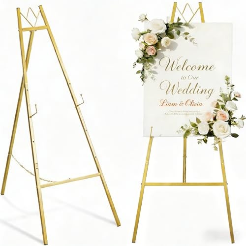  57.5" Gold Easel Stand for Wedding Sign, Heavy Duty Metal Display Golden