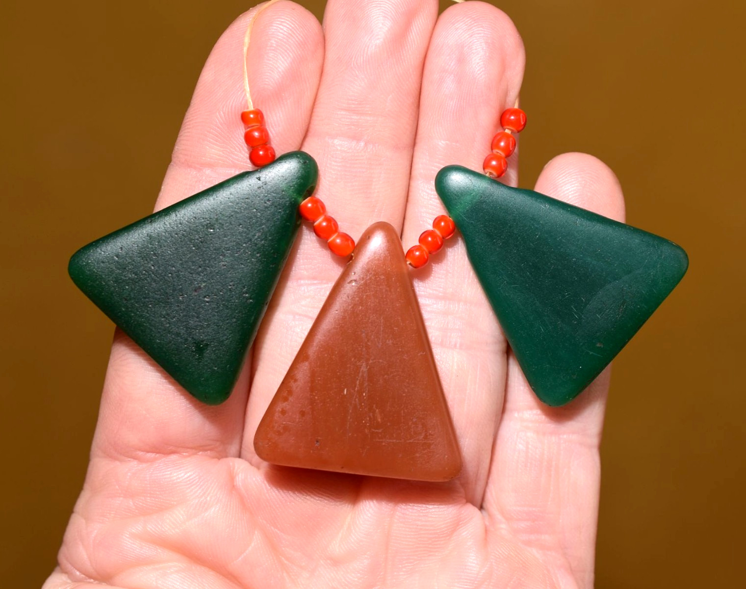 Antique Czech Molded Green And Tan Tabular Triangle Wedding Beads, African Trade