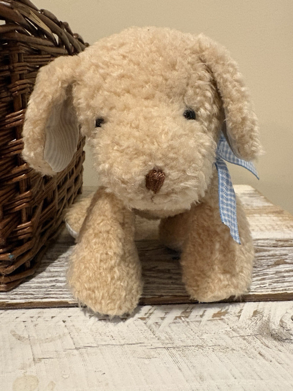 Carters Beige Puppy Plush Rattle Gingham Bow Stuffed Animal 9 inch