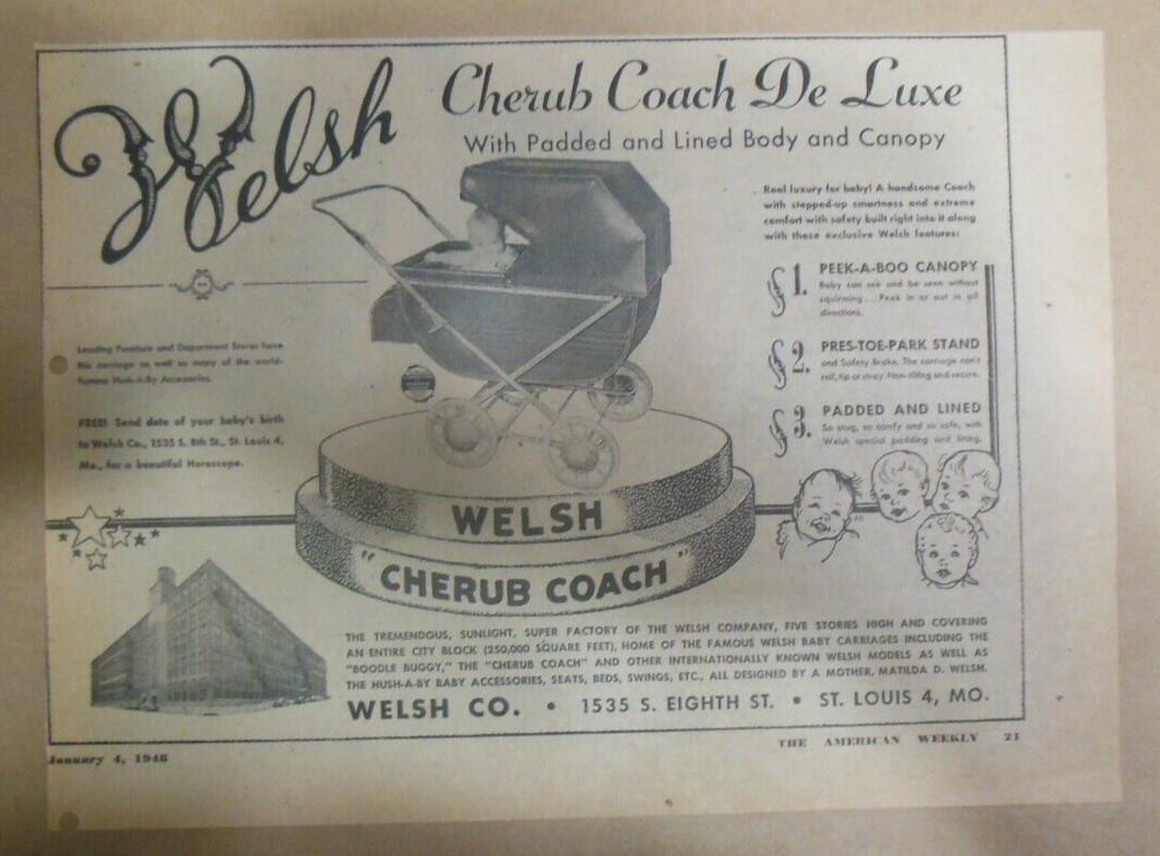 Welsh Baby Carriages Ad: Cherub Coach Deluxe ! from 1948 Size: 8 x 10 inches