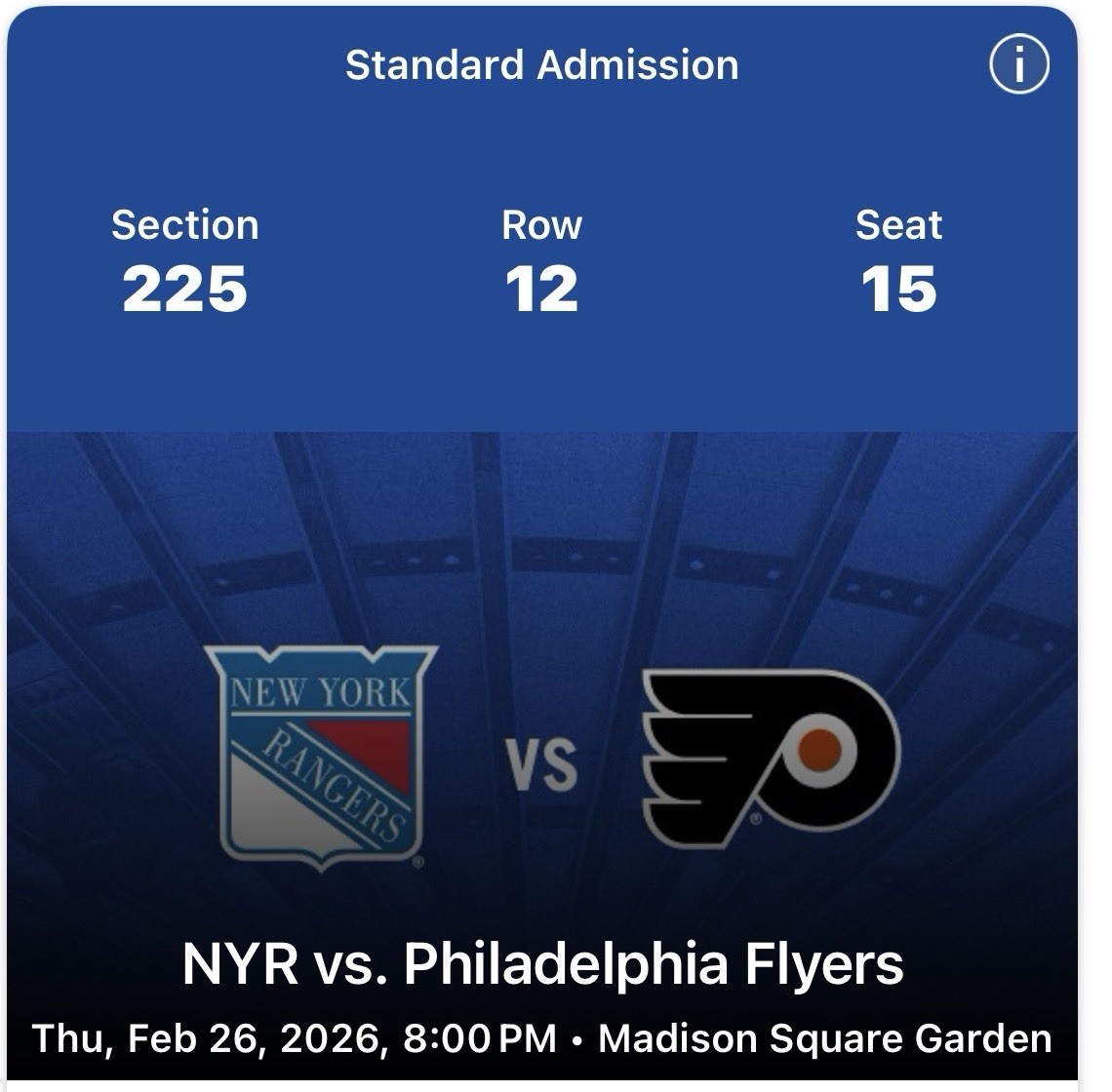 6 Pack - (2) NY Rangers Tickets. SEC 225 $1000