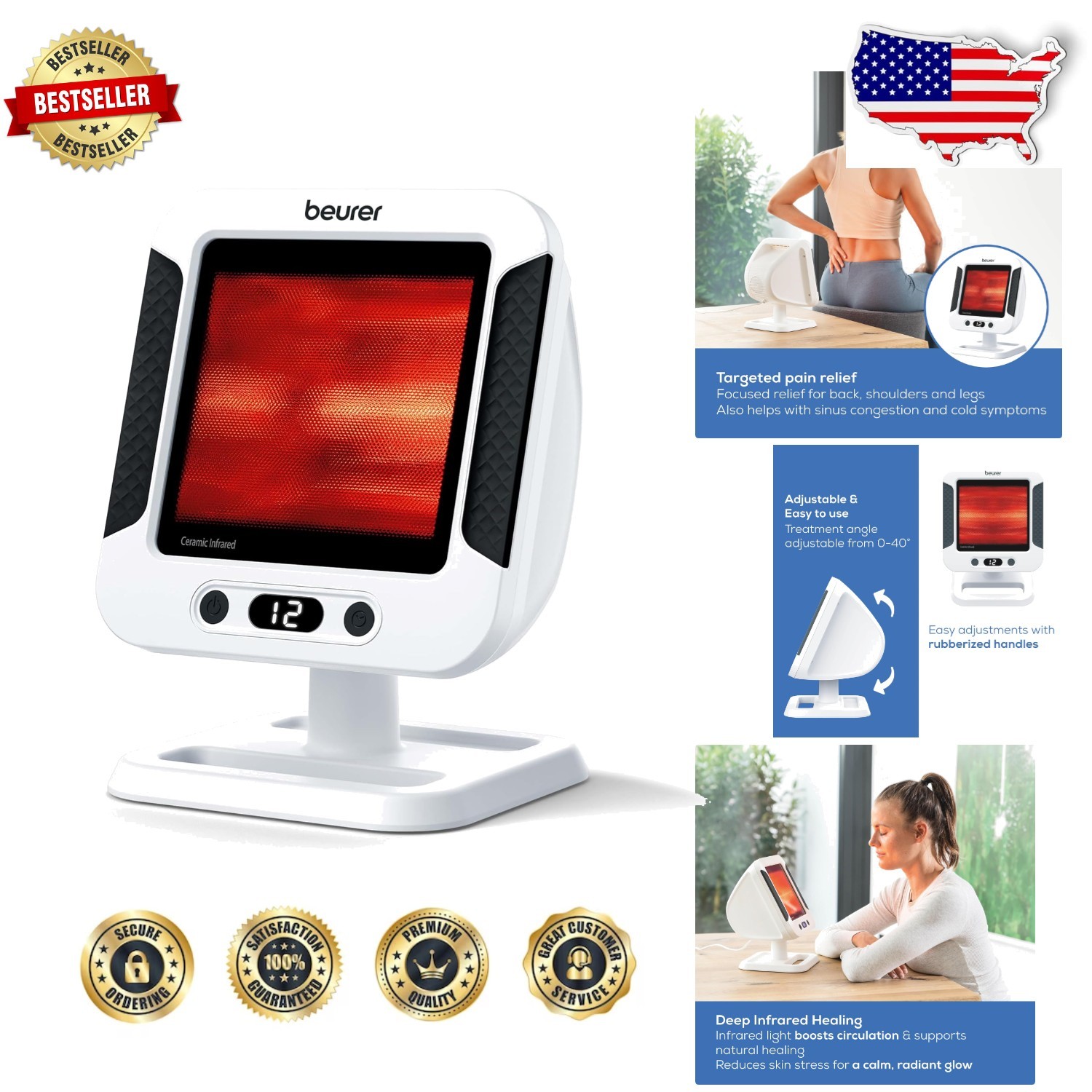 IL60 Infrared Heat Lamp 300W Red Light Therapy Pain Relief Muscle Recovery
