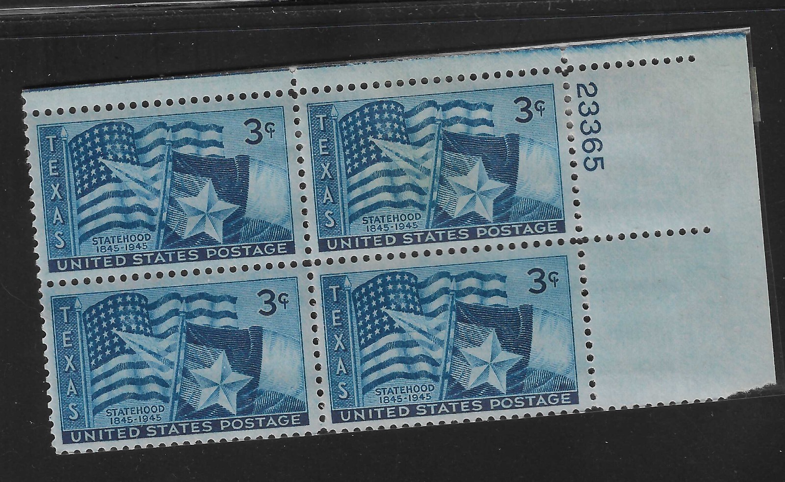 Plate Block of 4 stamps - Scott 938 - 3 cent - Texas Statehood - 1945 - MNH