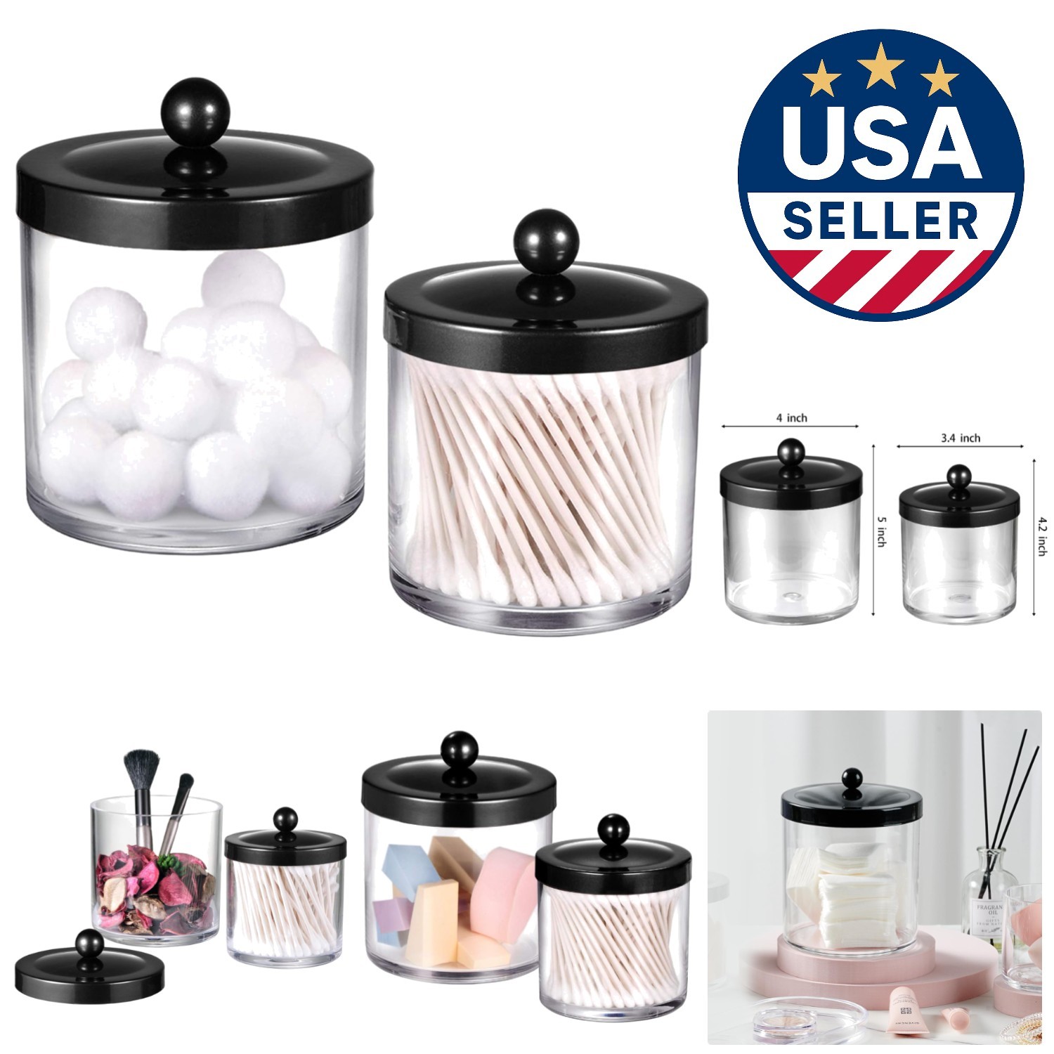 2-Pack Apothecary Jars with Black Lids - Shatterproof Bathroom Organizers