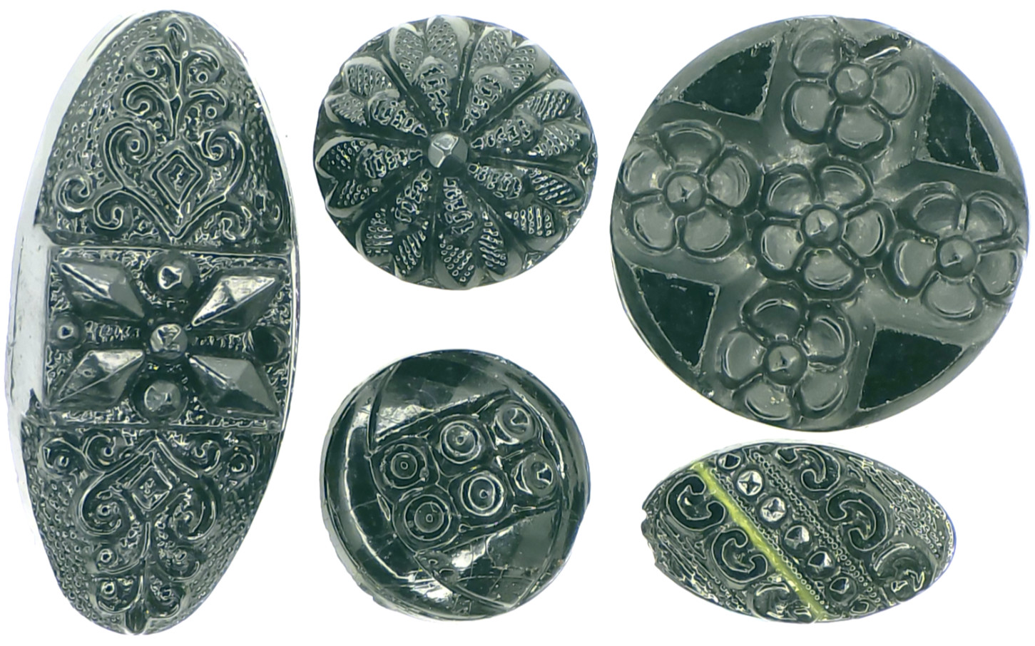 C1880-90s Antique Victorian Glass Relief Oval Filigree Starburst Button LOT 5