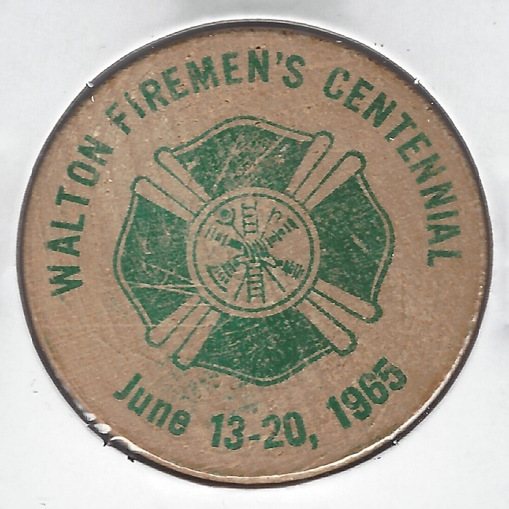 1965, WALTON FIREMEN'S CENTENNIAL, 5¢ Trade Token/Coin/Chip, Wooden Nickel